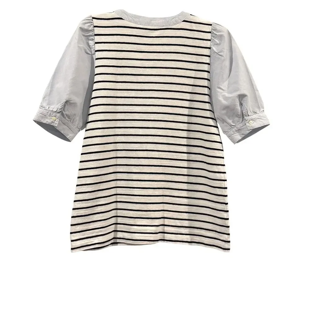 LOFT Blue & White Striped V-Nexk Top Cotton Womens MP Preppy Coastal Puff Sleeve